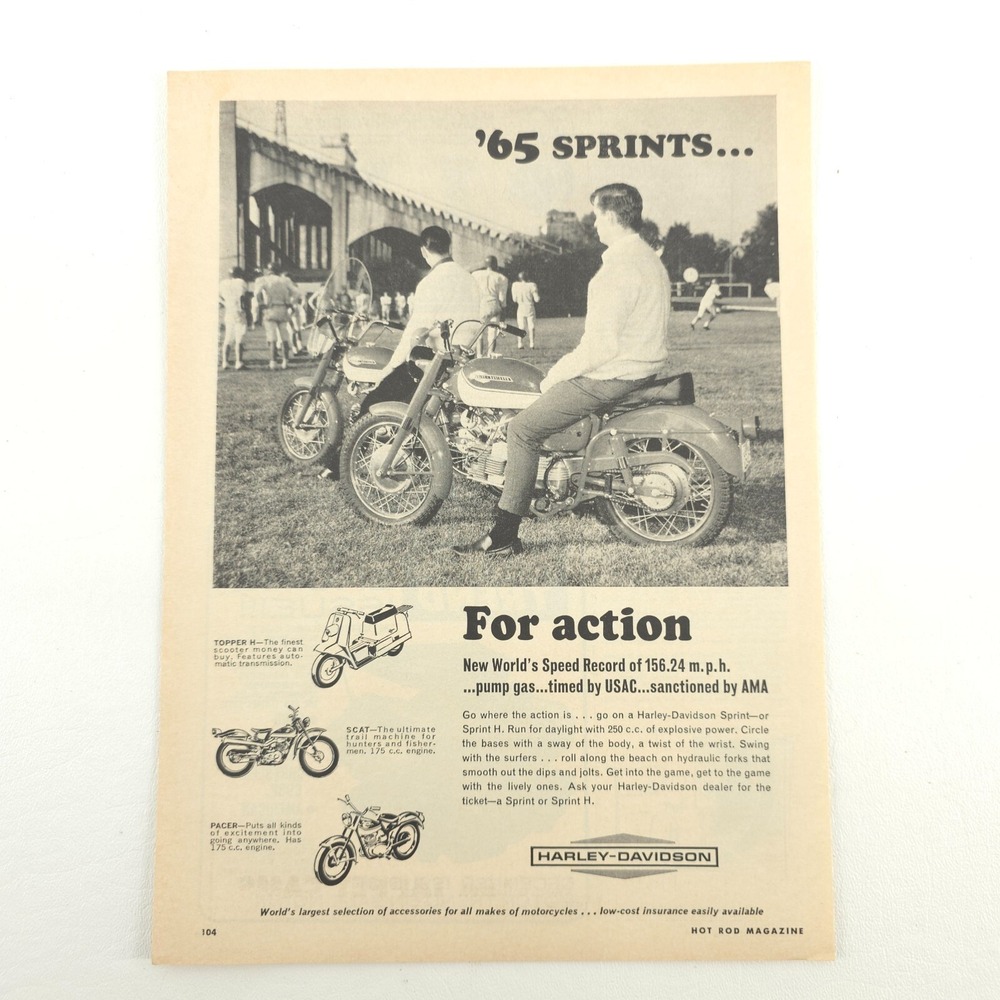 HARLEY-DAVIDSON Print Ad 1965 Sprint Motorcycles VTG Promo Art Upcycled Decor
